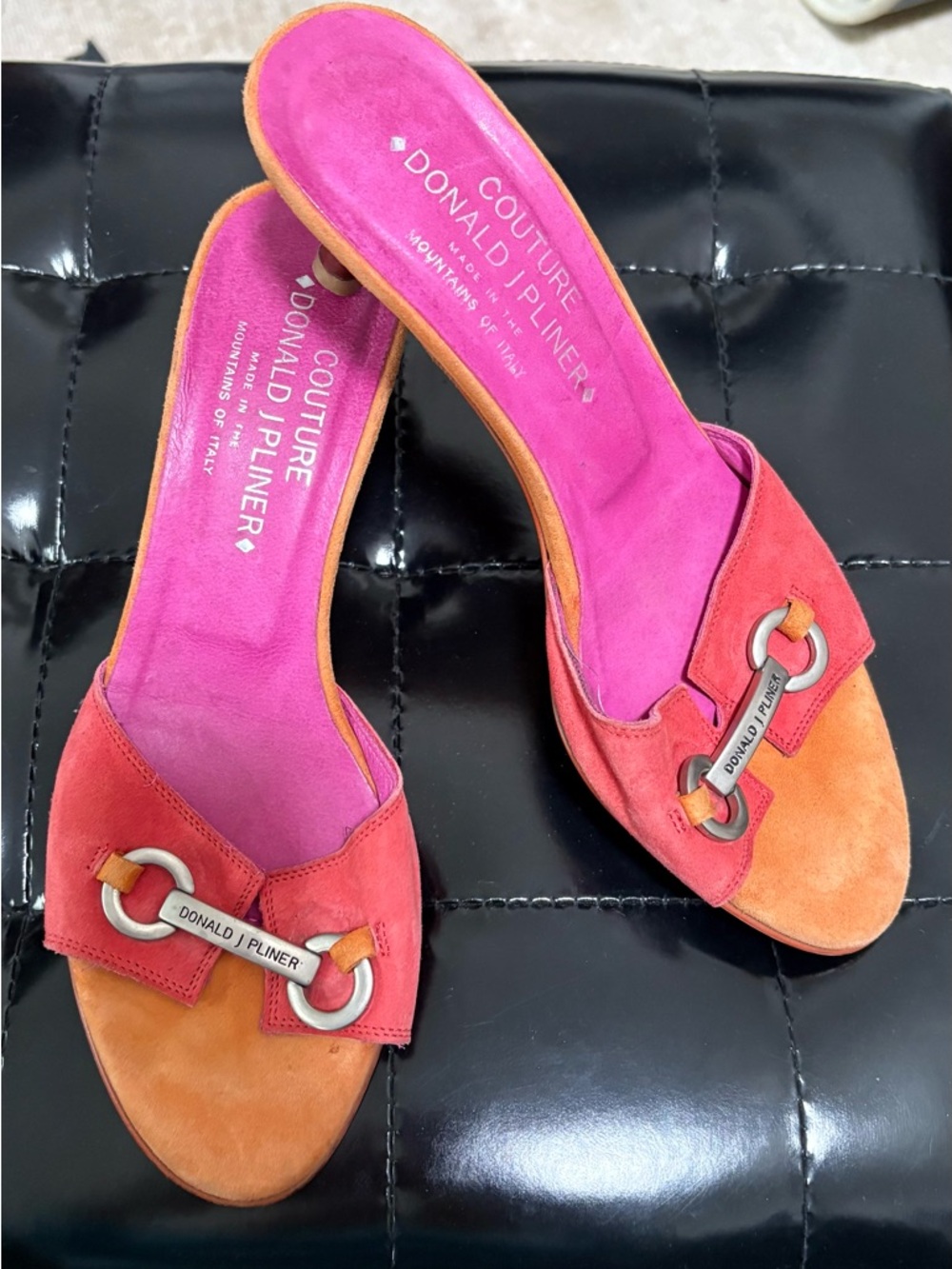 Donald J. Pliner Two-Tone Pink and Orange Suede Slide Mules Sz 7.5
